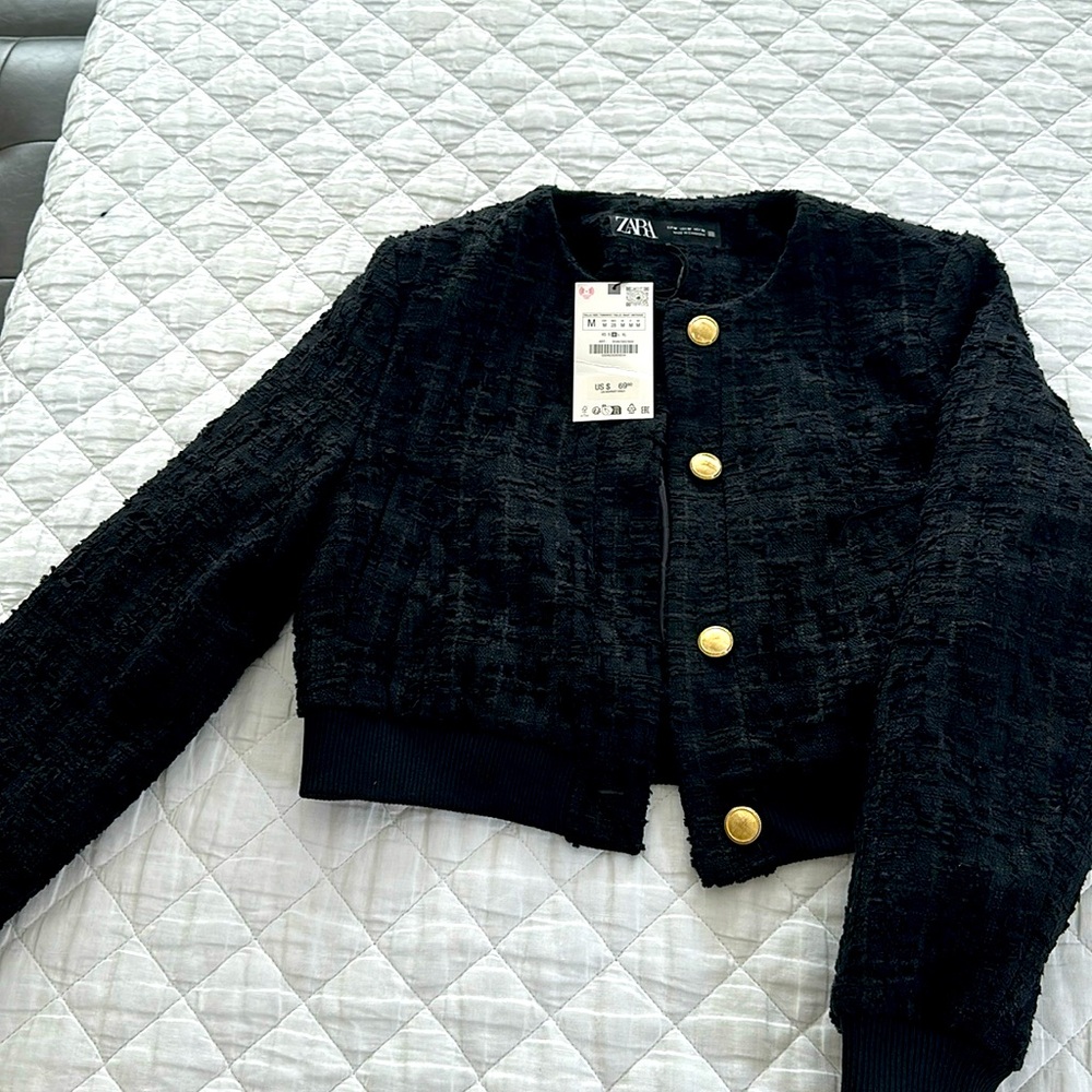 Zara, tweed black cropped jacket. Brand New